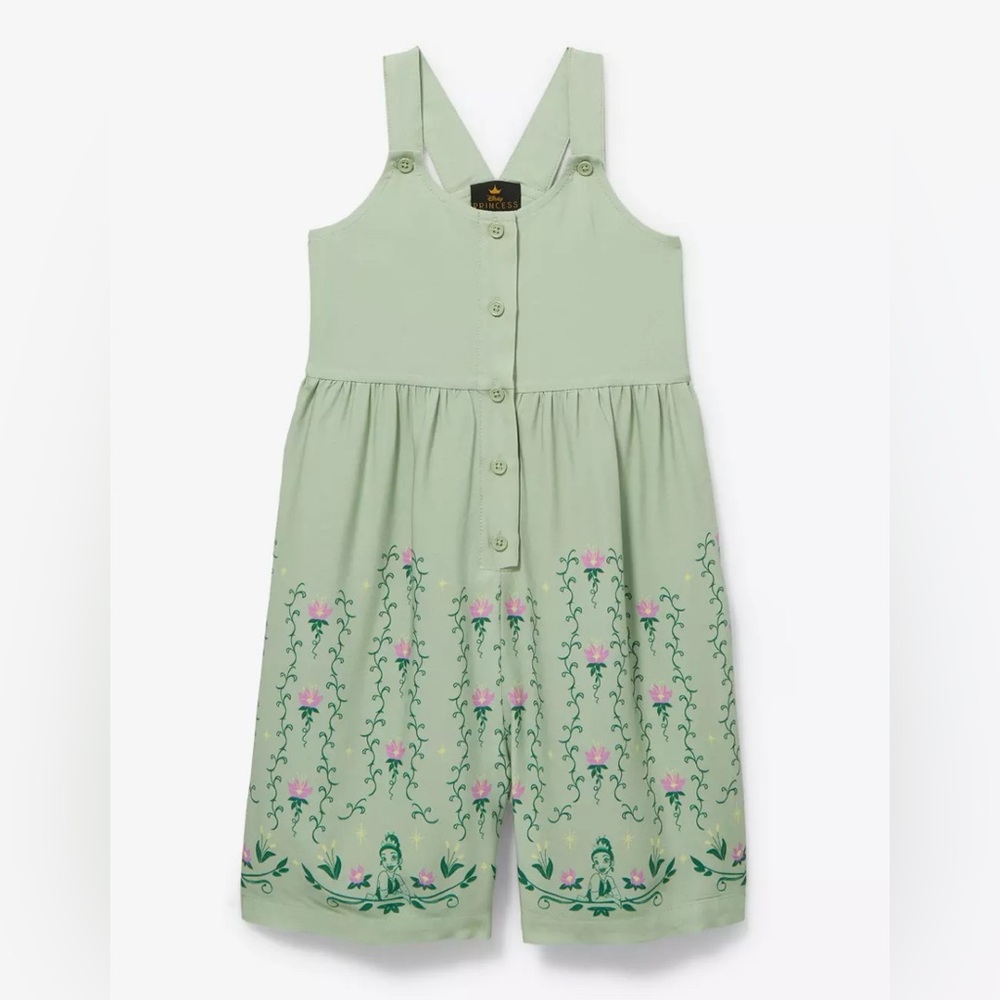 Box lunch Disney Tiana Green Floral Embroidered Button-Front Jumper Dress 3T